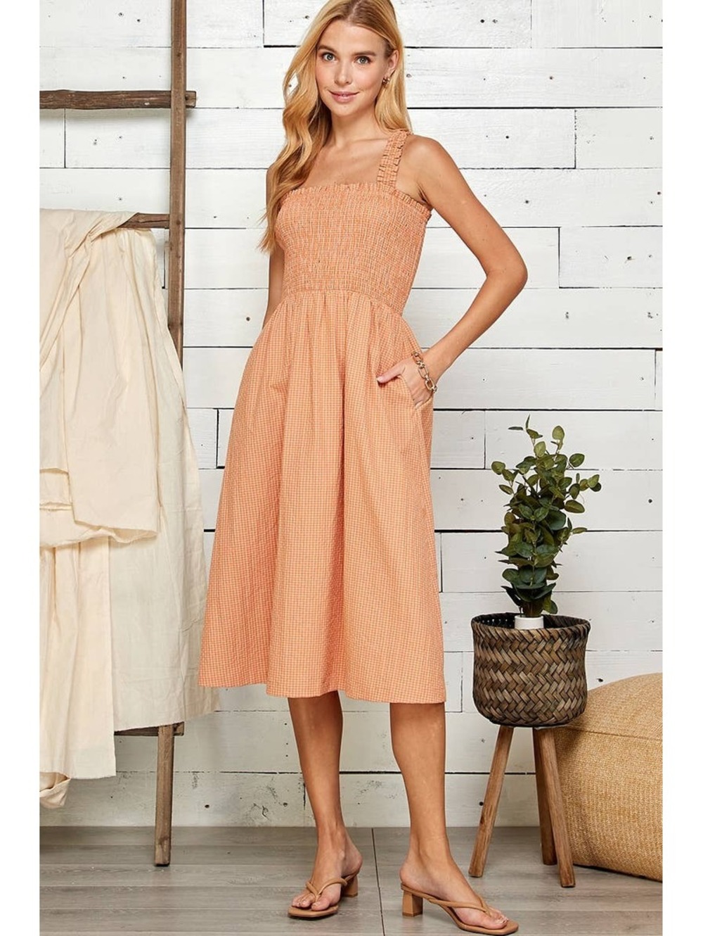 Pink lemon, Clementine Gingham Smocked Midi Dress